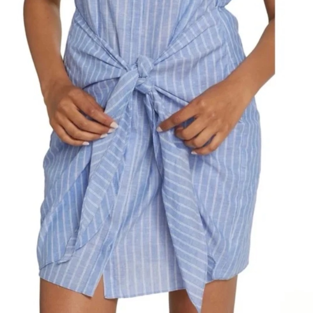 Cing a Sept Tira Linen Pinstripe Puffed Short Sleeve Self-Tie Waist Mini Dress 6 - Picture 7 of 9